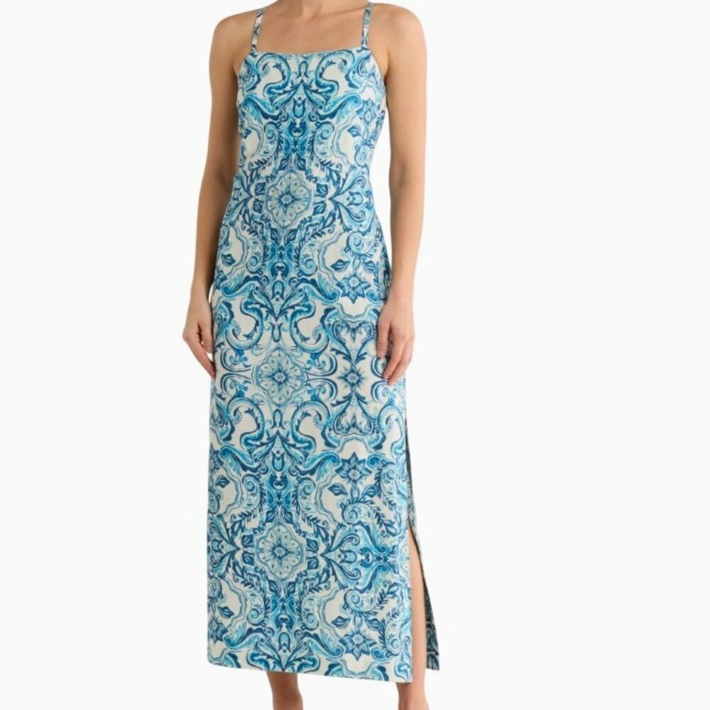 NWT MSK Linen Midi Dress size L 12-14 SPELLBOUND BLUE & WHITE FLORAL Summer Cute - Picture 2 of 12